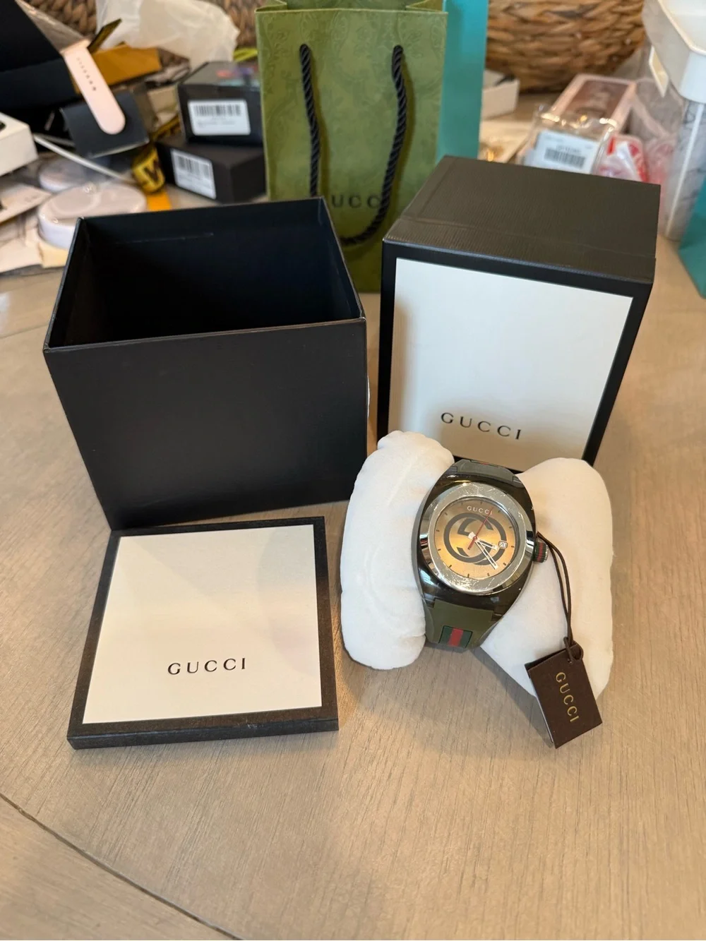 Gucci Men's Green and Gold Logo Dial Watch with Web Stripe